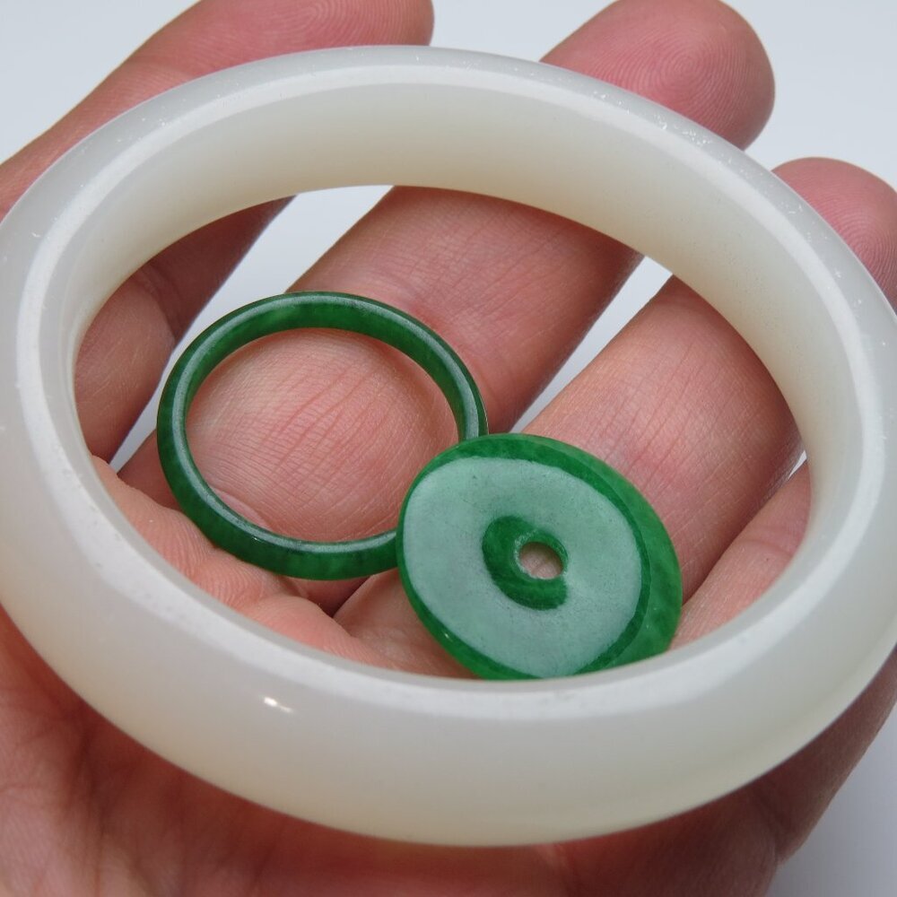 "Natural Jade Bangle + Jade Ring & Donut 57mm"